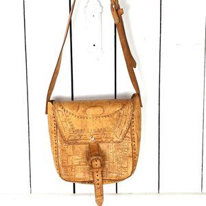 Vintage tooled embossed leather Aztec Mayan totem face shoulder crossbody purse